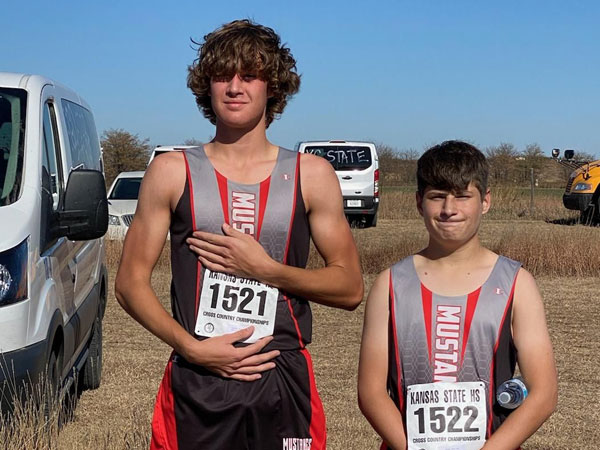 Sylvan-Lucas' Jonah Huehl and Zach Rose at 1A State Cross Country Meet in Victoria on Saturday, October 31.