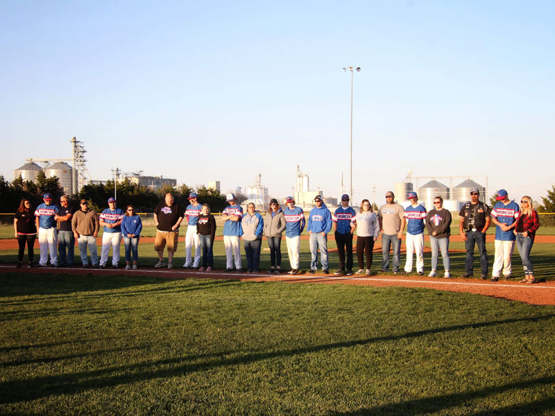 Russell-Victoria seniors and their parents were recognized during Tuesday's doubleheader at the Shaffer Sports Complex in Russell. (Photo courtesy of Chris Roth)