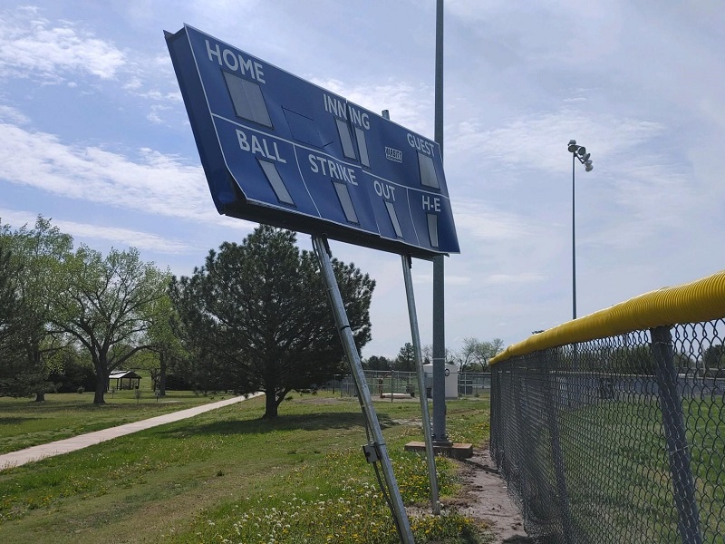 A Memorial Park Complex scoreboard was damaged by Sunday's storm. Courtesy Russell Recreation.