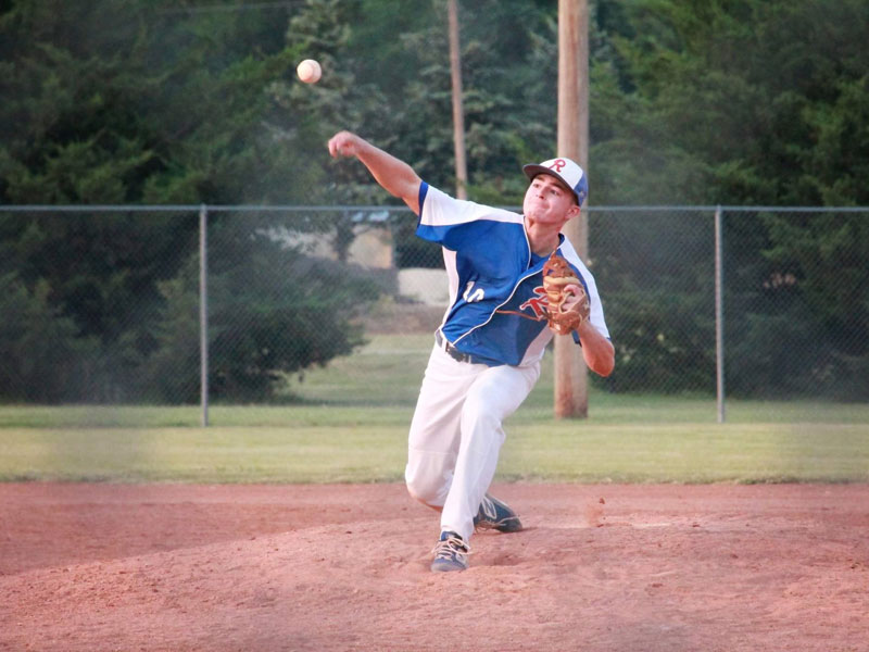 RV's Aiden Rohr throwing pitching in the team's season finale in Sylvan Grove on Wednesday, July 21. (Photo courtesy Chris Roth)