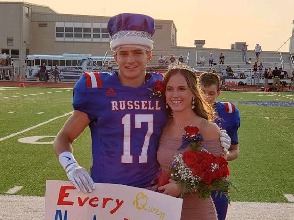 Camille Dortland and Josh Sohm were crowned queen and king prior to Russell's homecoming football game with TMP-Marian on Friday, Sept. 10 at Shaffer Field. (Photo courtesy of Char Sohm.)