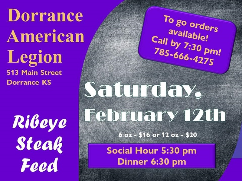 Enjoy a great steak dinner with your SWEETHEART on Saturday, Feb. 12 in Dorrance!