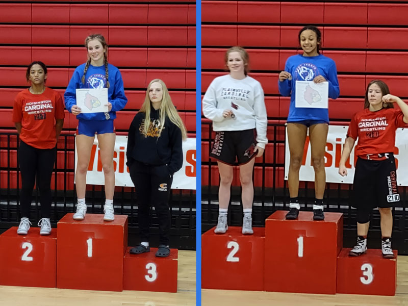 Russell's Jaden Ney (left) and Tionna Napue (right) each won their weight divisions at the Hoisington Girls Invite on Thursday, Jan. 13. (Photos by RHS Coach Mark Baldwin)
