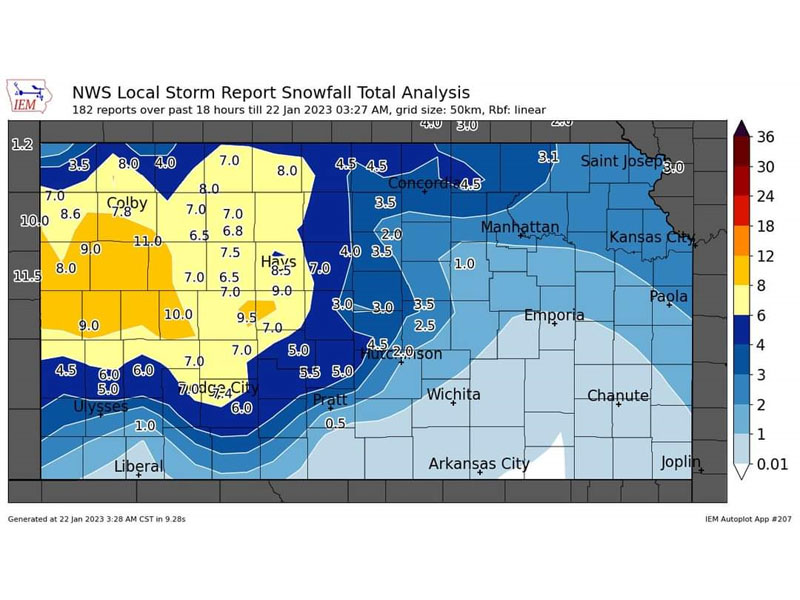 Saturday's storm brought 7" of snow to Russell and nearly a foot to parts of western Kansas. (Graphic by NWS)