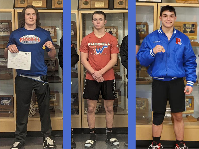L to R: Brayden Strobel (1st at 175), Brayden Suchy (2nd at 157) and Teagen Pfeifer (3rd at 165) at MCL Tournament on Friday, Jan. 27 in Norton.