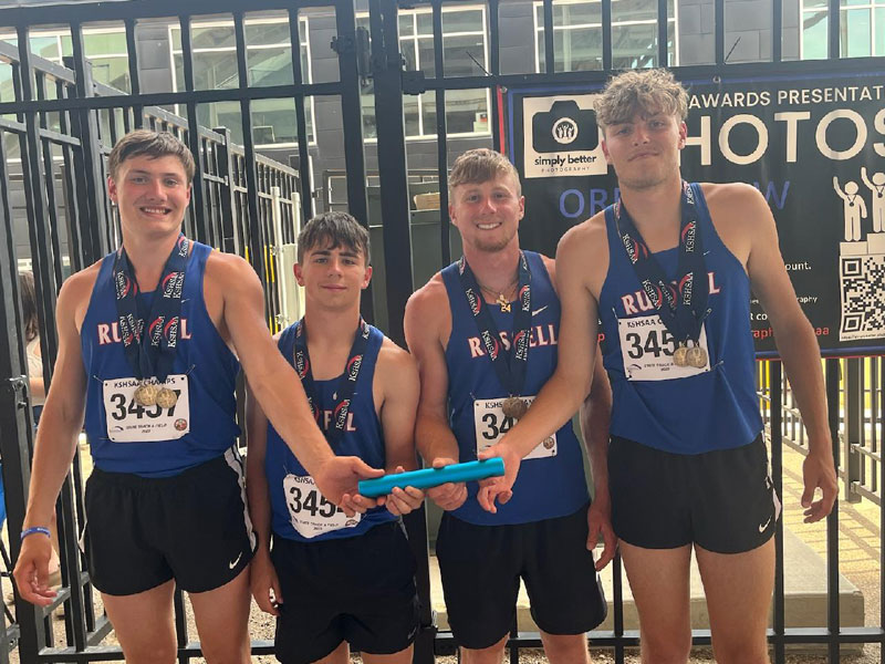 Russell boys 4x100 relay team finished sixth on Saturday, May 27 in the finals of the state track and field meet at Cessna Stadium in Wichita. Pictured L to R: Brayden Strobel, Walker Middleton, Jacob Ney and Jace Peerman