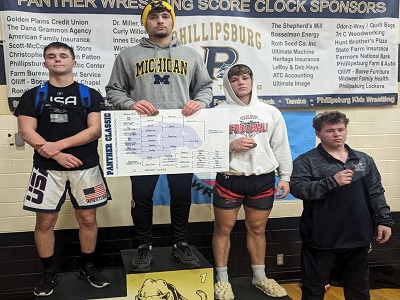 Brayden Suchy of the Russell/Sylvan-Lucas wrestling team wrapped up the regular season with a second place finish at 175 pounds on Saturday, February 3 at the Panther Classic in Phillipsburg. (Photo courtesy of Jason Pfeifer).